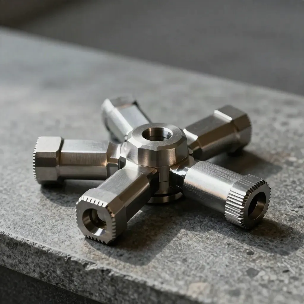 Brushed metal connector cluster on stone, lit dramatically from one side.