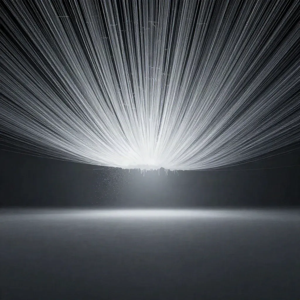 Silver filaments converge into a white bloom in dark graphite haze.