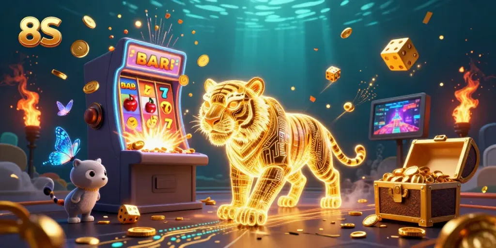 Experience thrilling jackpots with the 8S golden tiger in this vibrant casino scene full of energy.