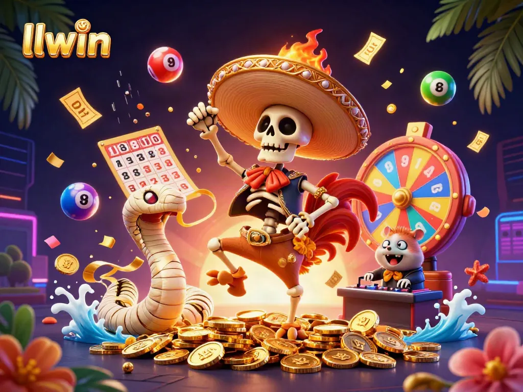 llwin showcases a vibrant casino scene featuring a lively mariachi rooster celebrating on coins.