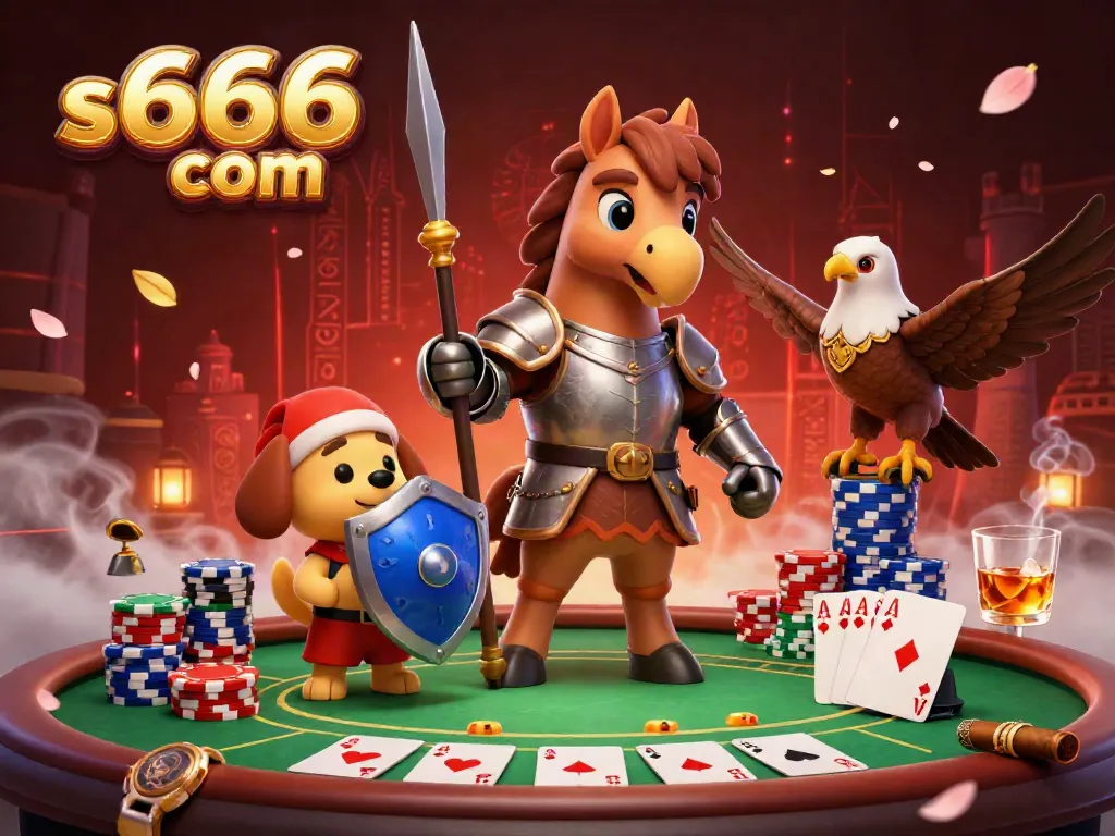 Engage in thrilling games at s666 com, featuring a knight, puppy, and falcon amidst vibrant casino elements.