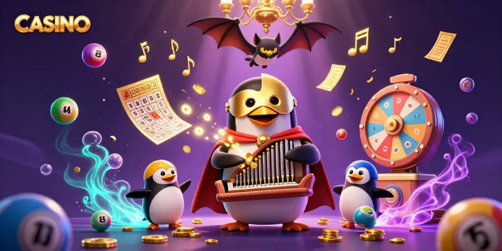 Experience an exciting CASINO scene with a penguin playing an organ, surrounded by dynamic lottery elements.