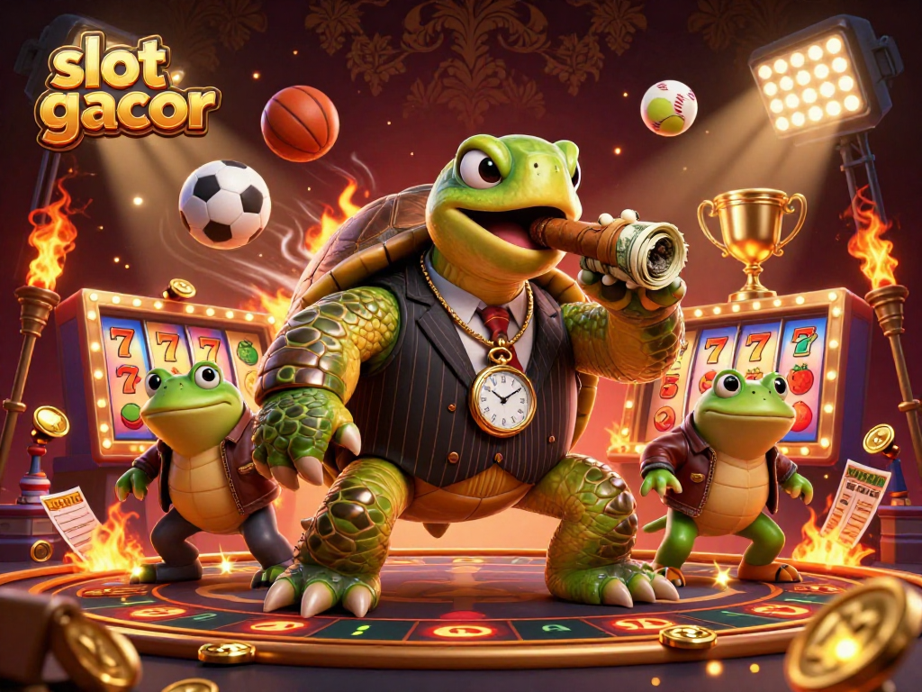 Engage with slot gacor action through a dynamic 3D casino scene featuring unique characters, vibrant elements, and energy.