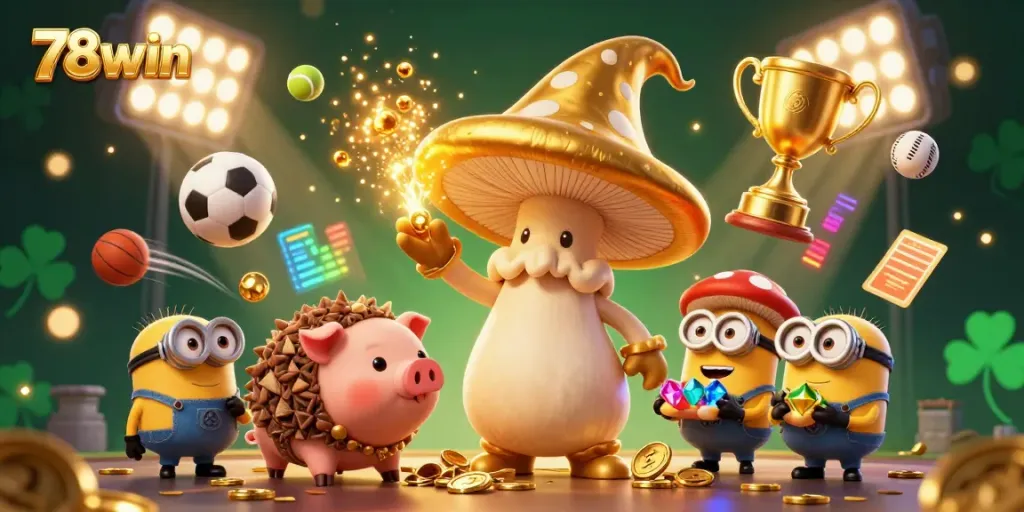 Experience the thrill of 78win with a magical scene of games, gold, and dynamic sports elements.