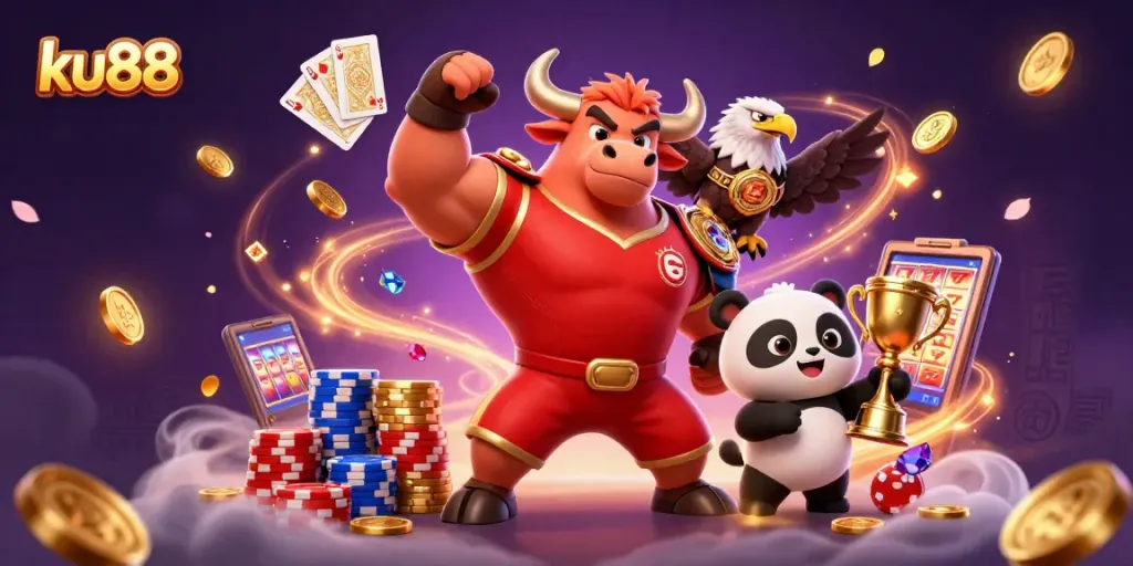 ku88 showcases an exciting online casino scene with a bull mascot, eagle, and panda surrounded by gaming elements.
