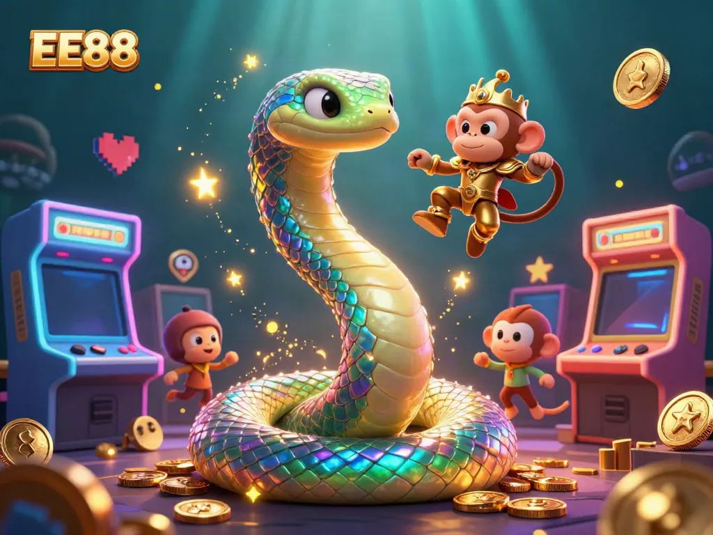Experience the thrill of EE88 with vibrant, dynamic casino gaming elements in an enchanting scene.