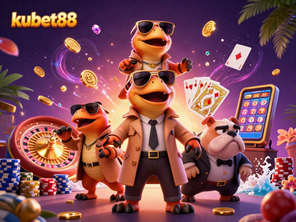 Kubet88 features animated raptors in a trench coat at a VIP casino, evoking excitement in gaming.