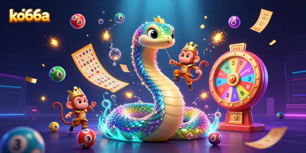 Engage in thrilling gameplay with ko66a, featuring a vibrant rainbow serpent and a monkey king, amidst colorful lottery elements.