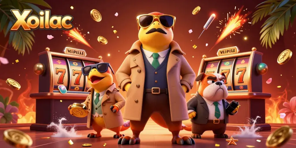 Xoilac raptors sneaking into a casino lounge, surrounded by gold coins and slot reels.