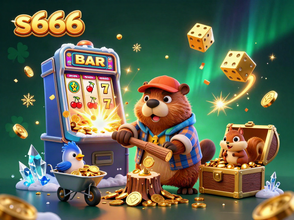 Experience gaming excitement with s666 as a beaver and friends gather golden coins in a 3D casino scene.