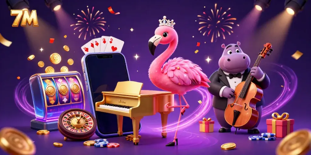 Engage with 7M's colorful casino atmosphere featuring a flamingo singer and hippo bassist.