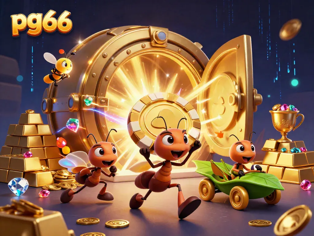 Ants in a heist at pg66, carrying a giant poker chip amid treasures and neon effects.