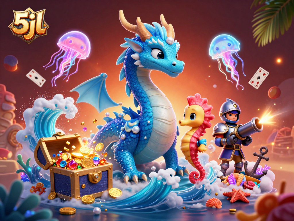Engage with the vibrant world of 5jl as the azure dragon guards treasures and jellyfish float by.