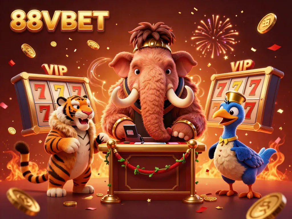 Experience the vibrant casino world of 88VBET with a lively illustration of epic characters, slot reels, and festive decorations.