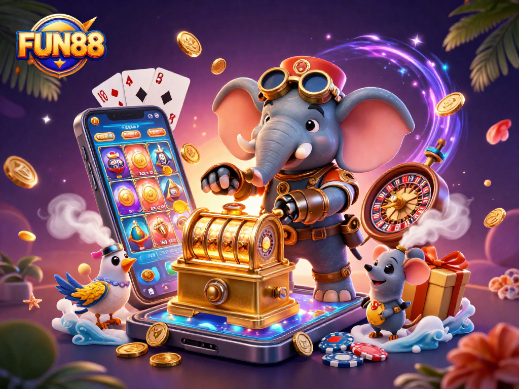 Experience thrilling gameplay at FUN88 with a vibrant casino scene featuring animated characters and dynamic elements.