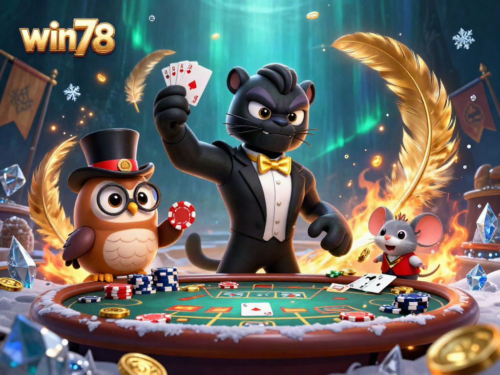 Win78 features a stylish black panther dealing cards, surrounded by poker chips and gold coins.