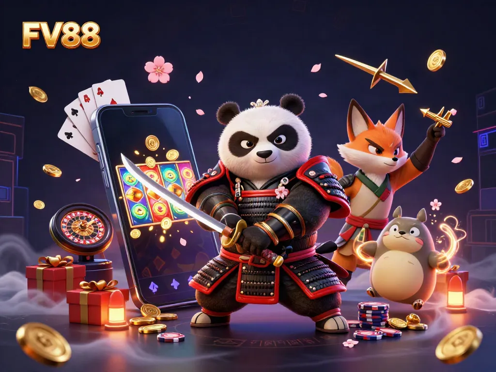 Experience thrilling slots at FV88 with a dynamic samurai panda and ninja fox in action!