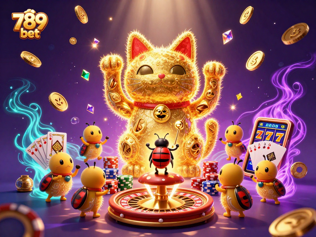 Experience the enchanting charm of 789 bet with lively visuals of a lucky cat surrounded by casino treasures.