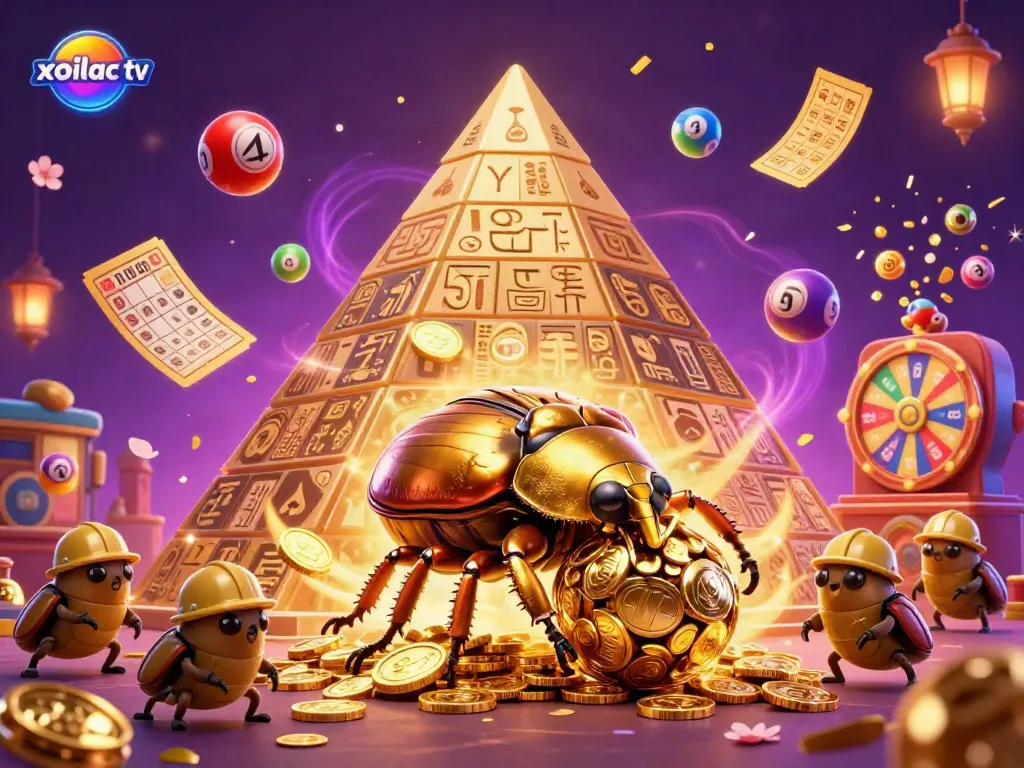 Xoilac TV's vibrant landscape features a golden dung beetle and dynamic casino elements.