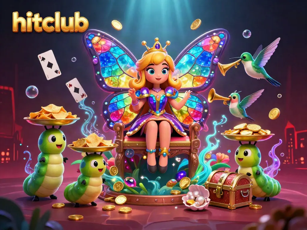 Experience the thrill of gambling with hitclub's vibrant scene featuring a butterfly queen and treasure.