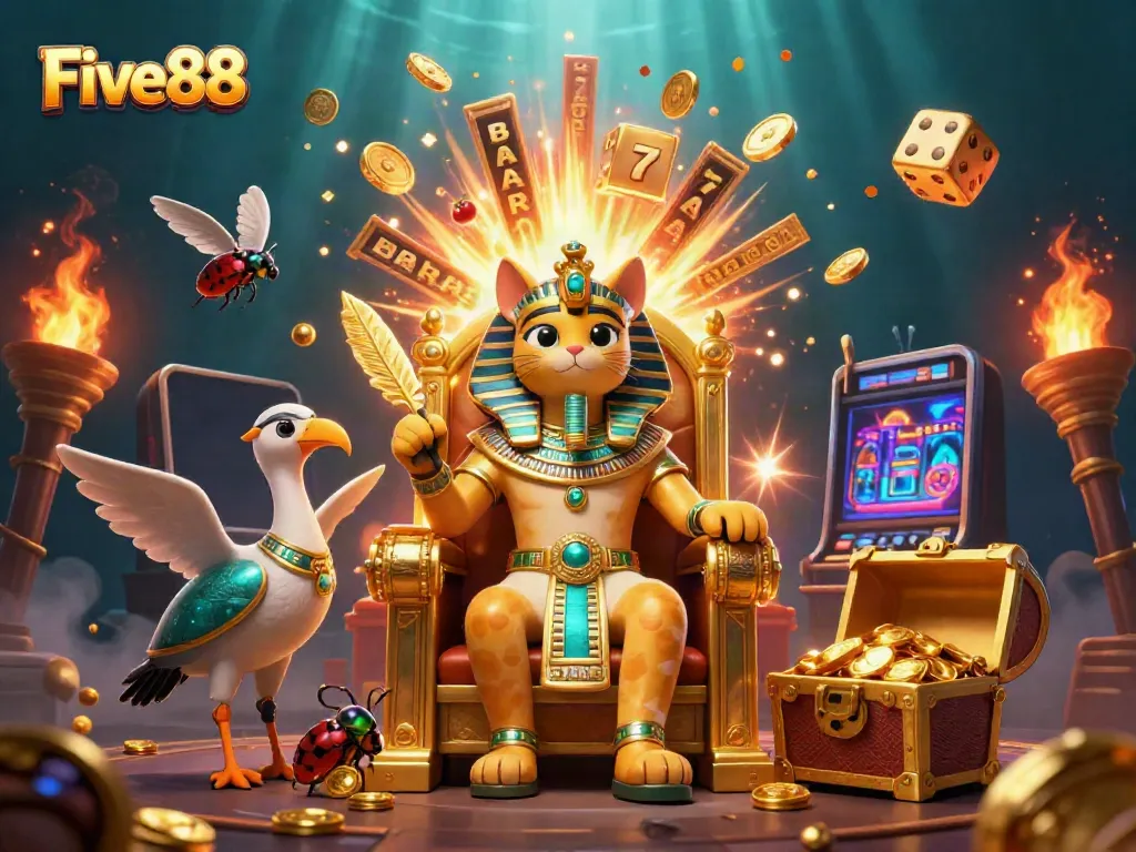 Experience the excitement of Five88 with a vibrant 3D illustration featuring games and jackpot elements.