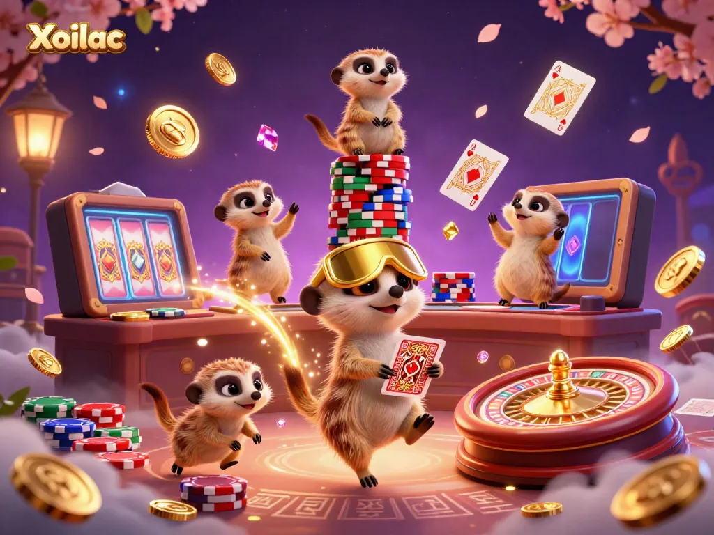 Xoilac casino scene showcasing lively meerkats in a vibrant gaming environment with chips and golden coins.
