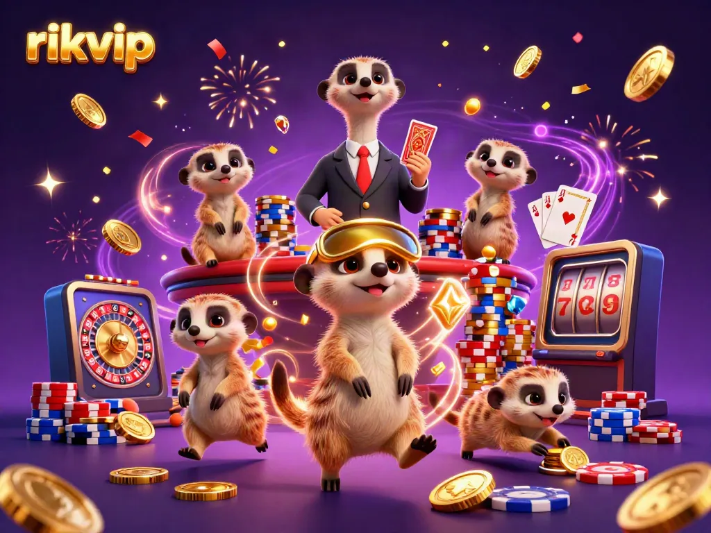Experience the excitement of rikvip with playful meerkats running a vibrant casino in a 3D illustration.