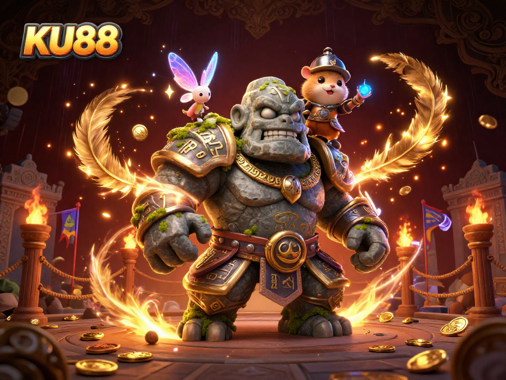 Engage with the thrilling games at KU88, featuring a magical scene with a golem guardian and charming characters.
