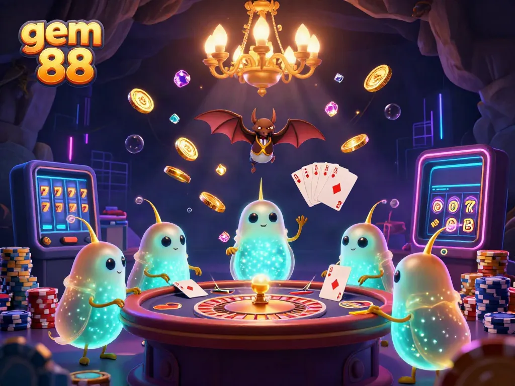 Experience the vibrant cave casino atmosphere with gem 88 characters and dazzling gaming elements.
