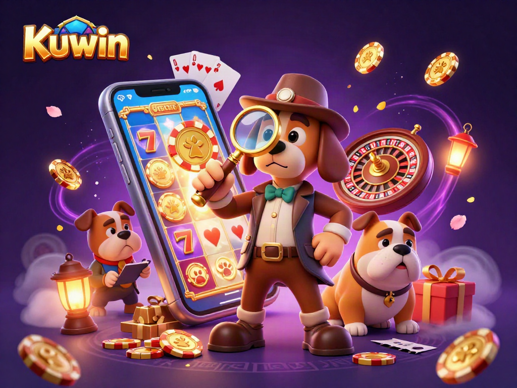 Kuwin casino detective analyzes poker chip clues amidst slots and roulette action in a vibrant scene.
