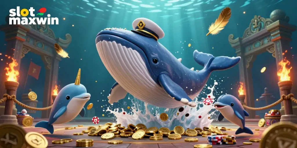 Experience the excitement of slot maxwin with a joyful whale, narwhal, and dolphins amidst casino treasures.
