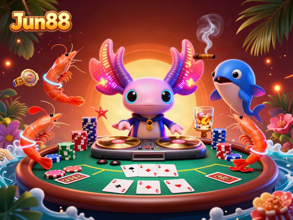 Experience Jun88's vibrant casino atmosphere with cartoon axolotl DJ and dynamic gaming elements.