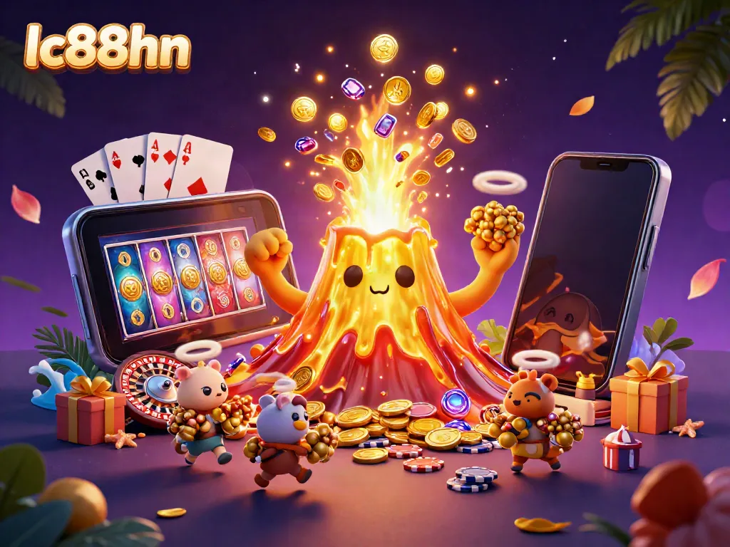 Experience thrilling gaming at lc88hn with a golden volcano erupting treasures, symbolizing jackpot wins.