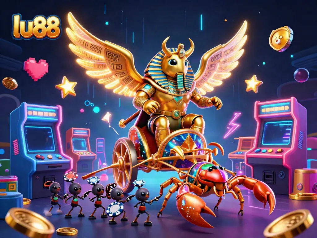 Experience the excitement of lu88 as the colossal scarab and scorpions lead a dynamic gaming scene.