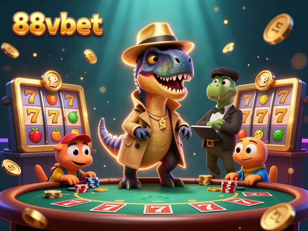 Experience the thrilling action of 88vbet with cartoon dinosaurs involved in a lively blackjack game.