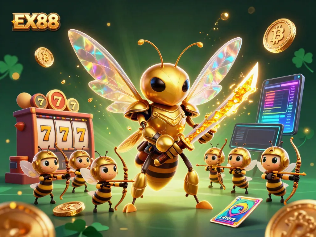 Engage with the enchanting EX88 casino scene featuring dynamic characters and crypto elements.