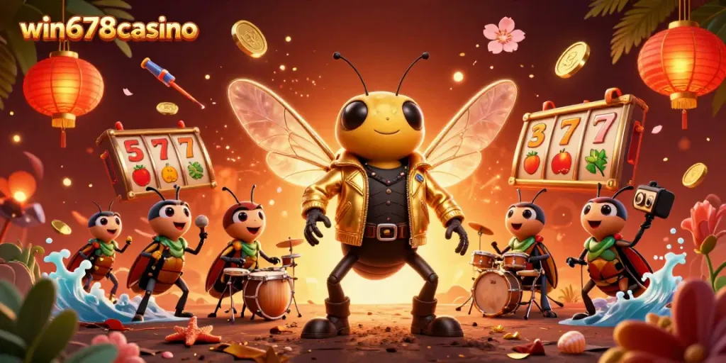 Experience the excitement of win678casino with a vibrant 3D scene featuring characters and casino elements.