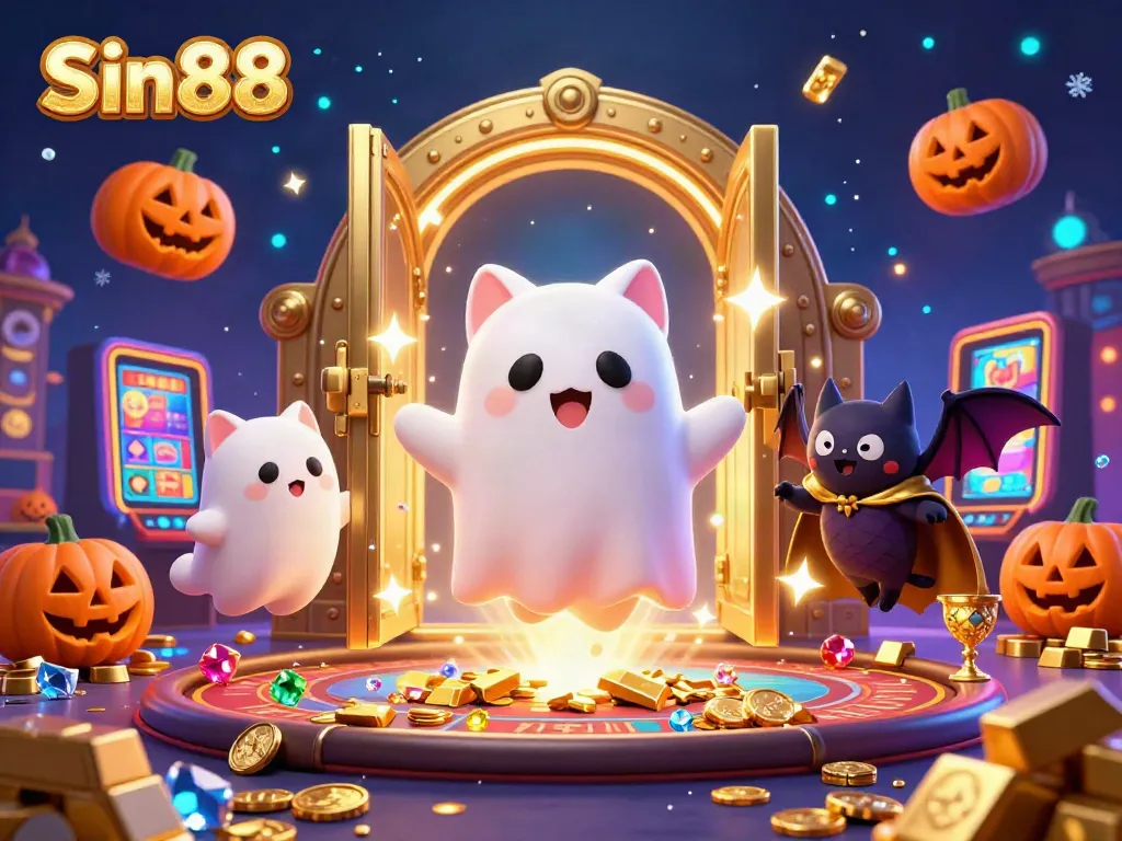 Sin88 ghost cat thrills at a lively casino scene with glowing jack-o-lanterns and treasure vaults.