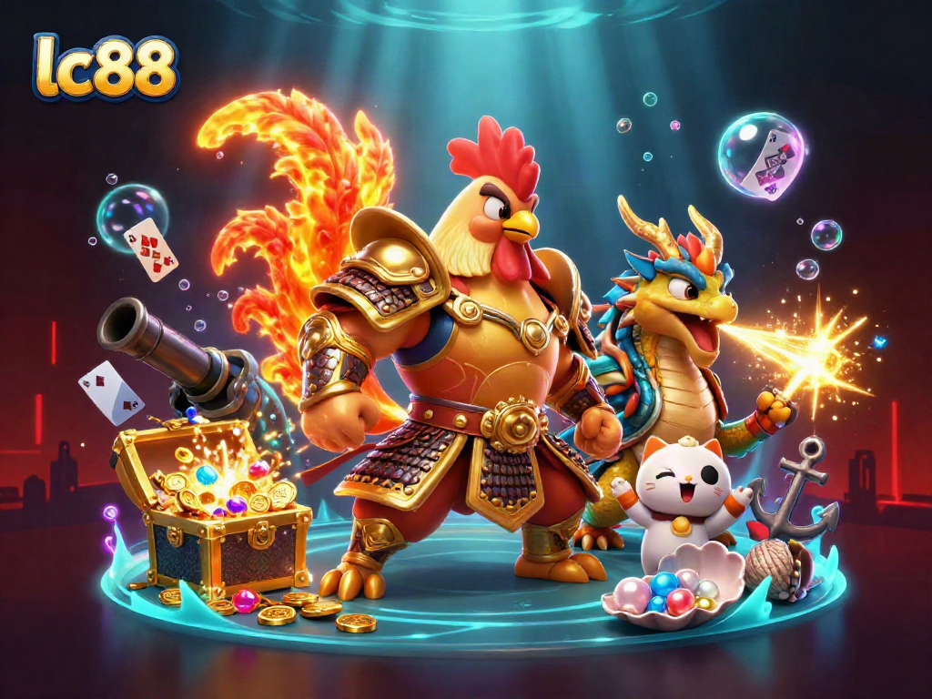 Showcasing lc88, a dynamic casino scene with a colorful 3D fighting rooster and dragon in action.