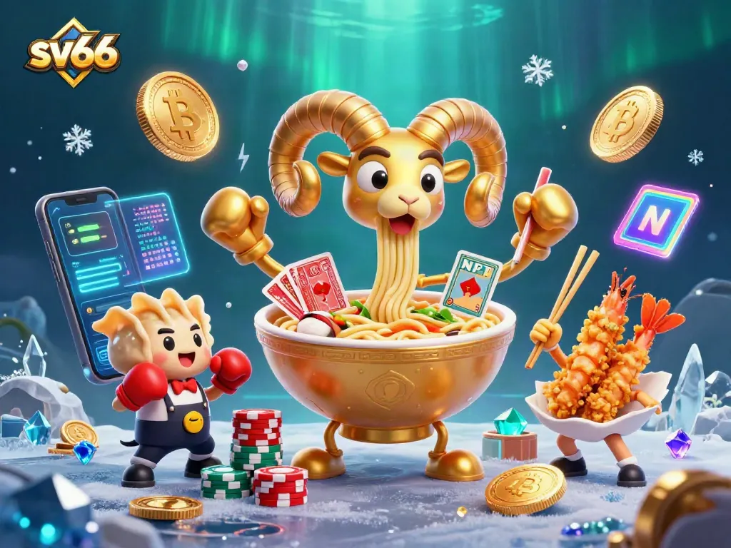 Win big with sv66, featuring a vibrant 3D illustration of animated casino characters surrounded by crypto elements.