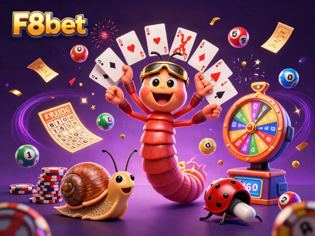 Exciting F8bet casino scene featuring a millipede dealer, lottery balls, and vibrant games.