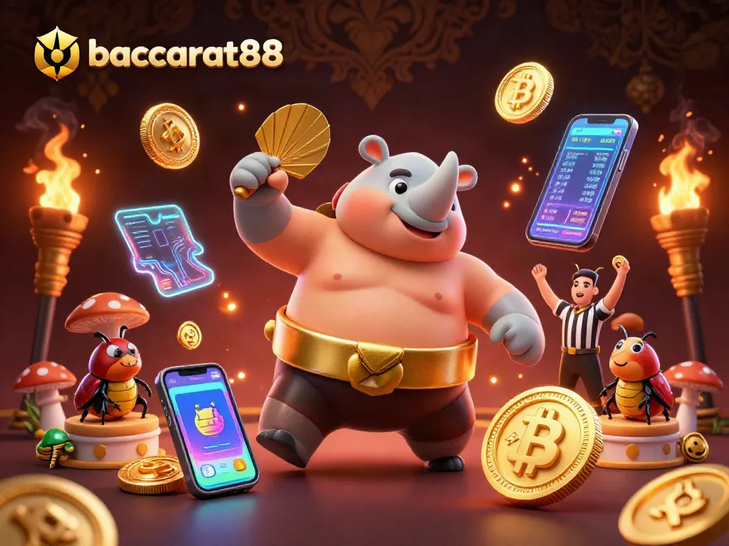 baccarat88 showcases a fierce rhinoceros beetle sumo champion in action amidst a cascade of flying coins and digital crypto elements.