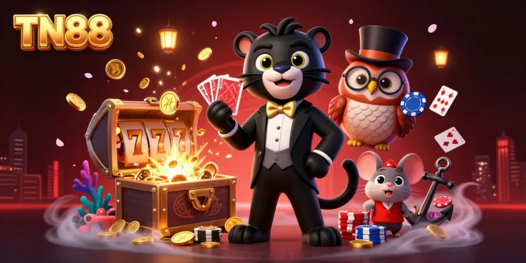 Engage in exciting gameplay with TN88, illustrated by a dynamic scene featuring a tuxedoed panther, poker owl, and lucky mouse.