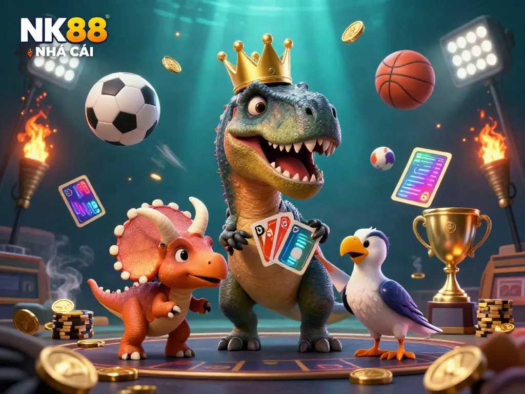 Engage with NK88 NHÀ CÁI as a T-Rex attempts to shuffle cards while a triceratops stacks chips in a vibrant casino atmosphere.