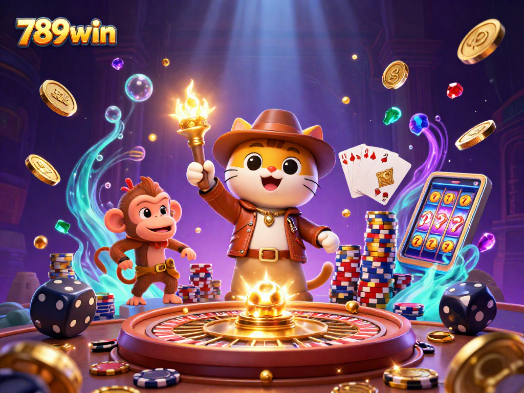Spin to win with 789win in this vibrant 3D casino adventure illustration featuring cats and treasures.