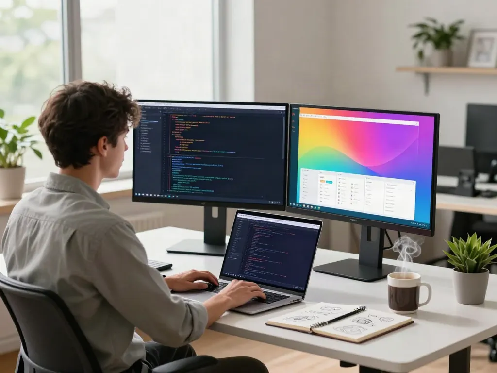 Pengembang piktoto bekerja di ruang kantor modern dengan layar besar dan catatan pengembangan perangkat lunak.
