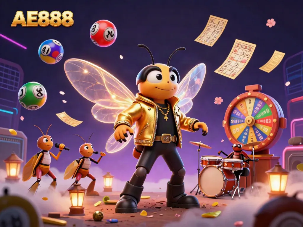Experience the vibrant AE888 casino world with a rock star cicada amidst dynamic gambling elements and lively characters.