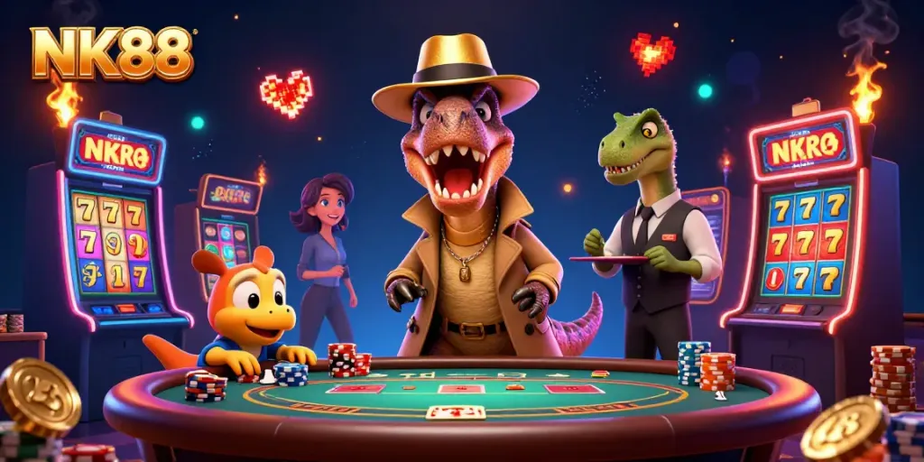 Experience the thrill at an NK88 blackjack table with animated characters engaging in a dynamic casino scene.