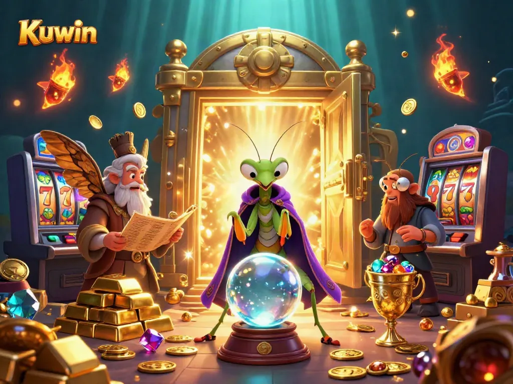 Kuwin's vibrant gaming scene featuring a mystical fortune teller and engaging slot machines.