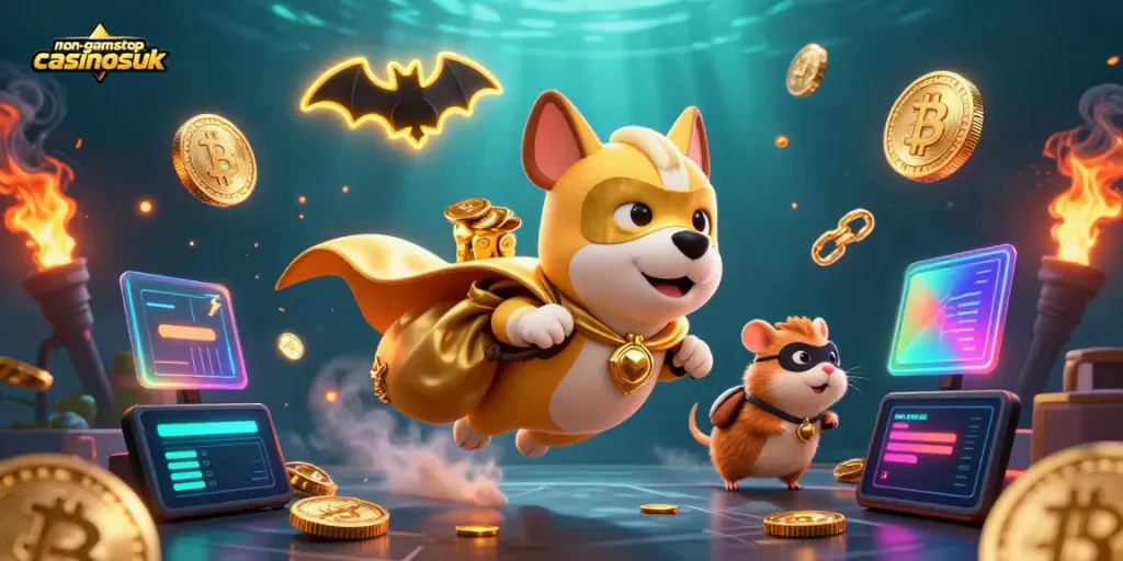 Action-packed illustration featuring the superhero dog of non-gamstop-casinosuk flying with gold coins, surrounded by crypto elements.